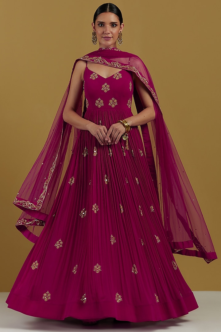 Magenta Embroidered Anarkali Set by Ikshita Choudhary