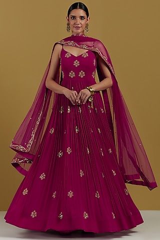 Magenta Embroidered Anarkali Set by Ikshita Choudhary