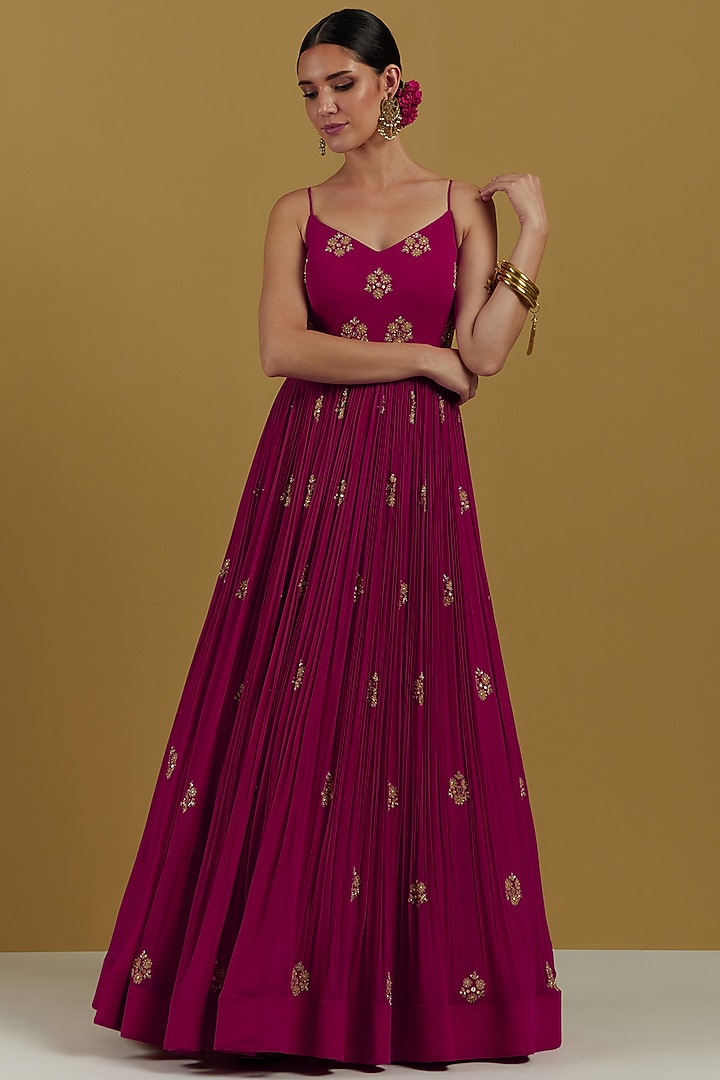 Magenta Embroidered Party Wear Anarkali Set by Ikshita Choudhary at Pernia's Pop Up Shop