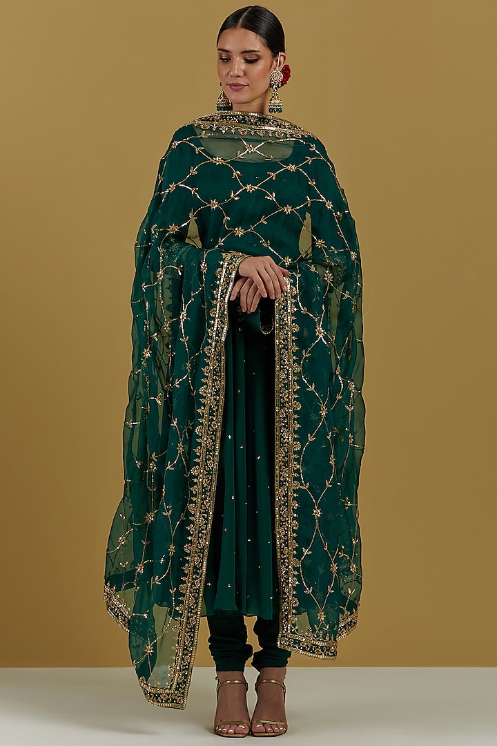 Green Embroidered Anarkali Set by Ikshita Choudhary