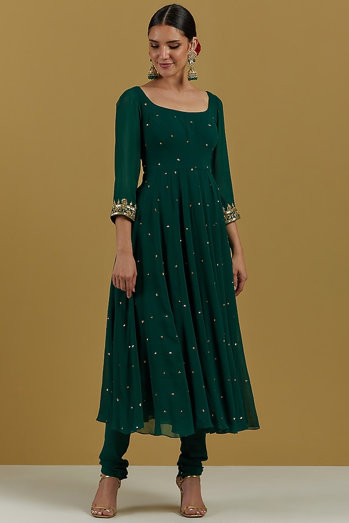 Green Embroidered Wedding Anarkali Set by Ikshita Choudhary at Pernia's Pop Up Shop