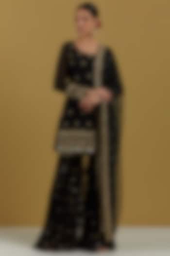 Black Georgette & Net Hand Embroidered Gharara Set by Ikshita Choudhary at Pernia's Pop Up Shop