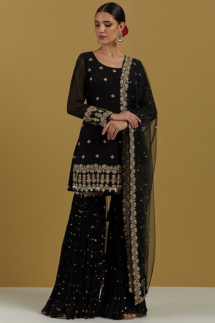 Black Georgette & Net Hand Embroidered Gharara Set by Ikshita Choudhary at Pernia's Pop Up Shop