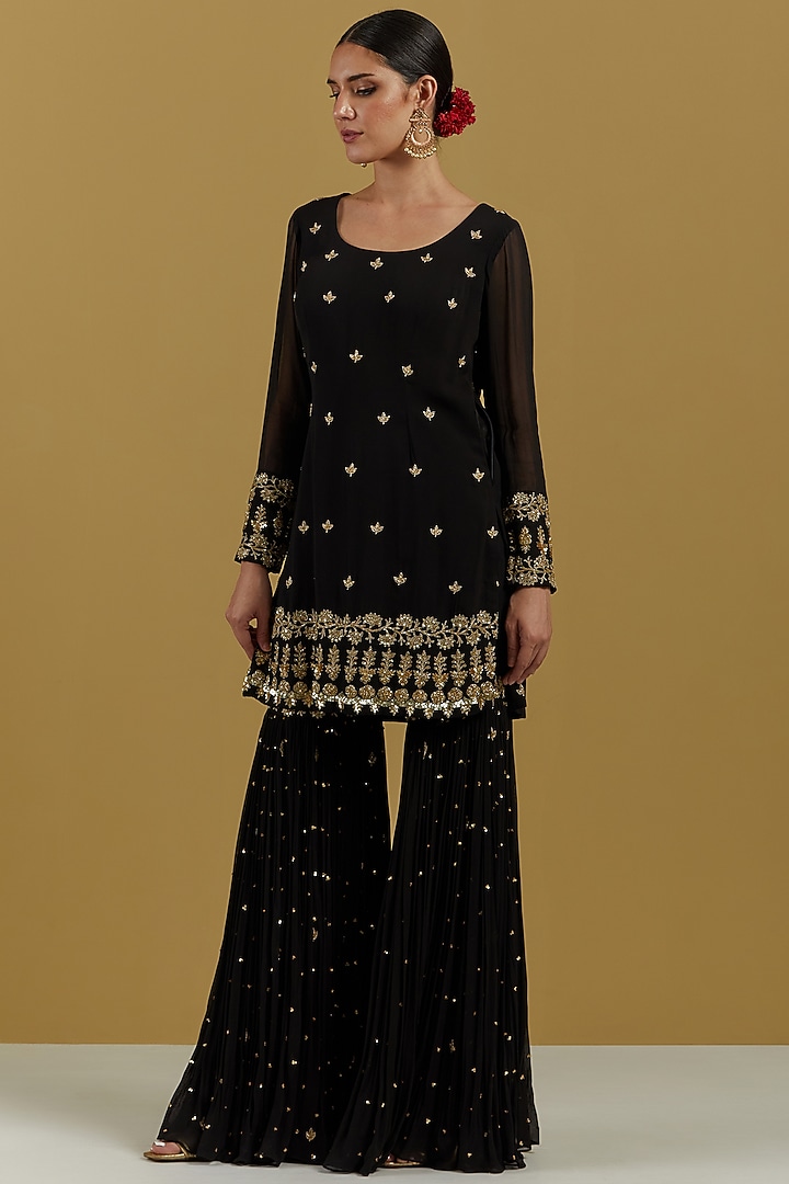 Black Georgette & Net Hand Embroidered Gharara Set by Ikshita Choudhary at Pernia's Pop Up Shop