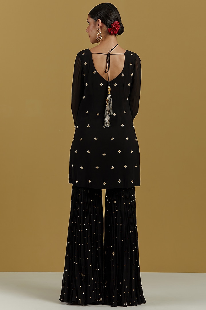 Black Georgette & Net Hand Embroidered Gharara Set by Ikshita Choudhary at Pernia's Pop Up Shop