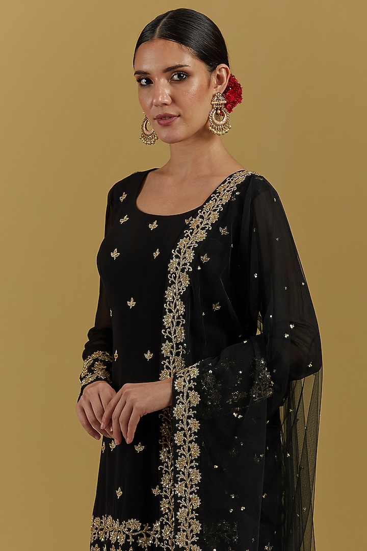 Black Georgette & Net Hand Embroidered Gharara Set by Ikshita Choudhary at Pernia's Pop Up Shop