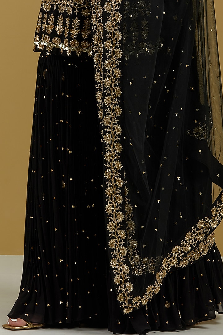 Black Georgette & Net Hand Embroidered Gharara Set by Ikshita Choudhary at Pernia's Pop Up Shop