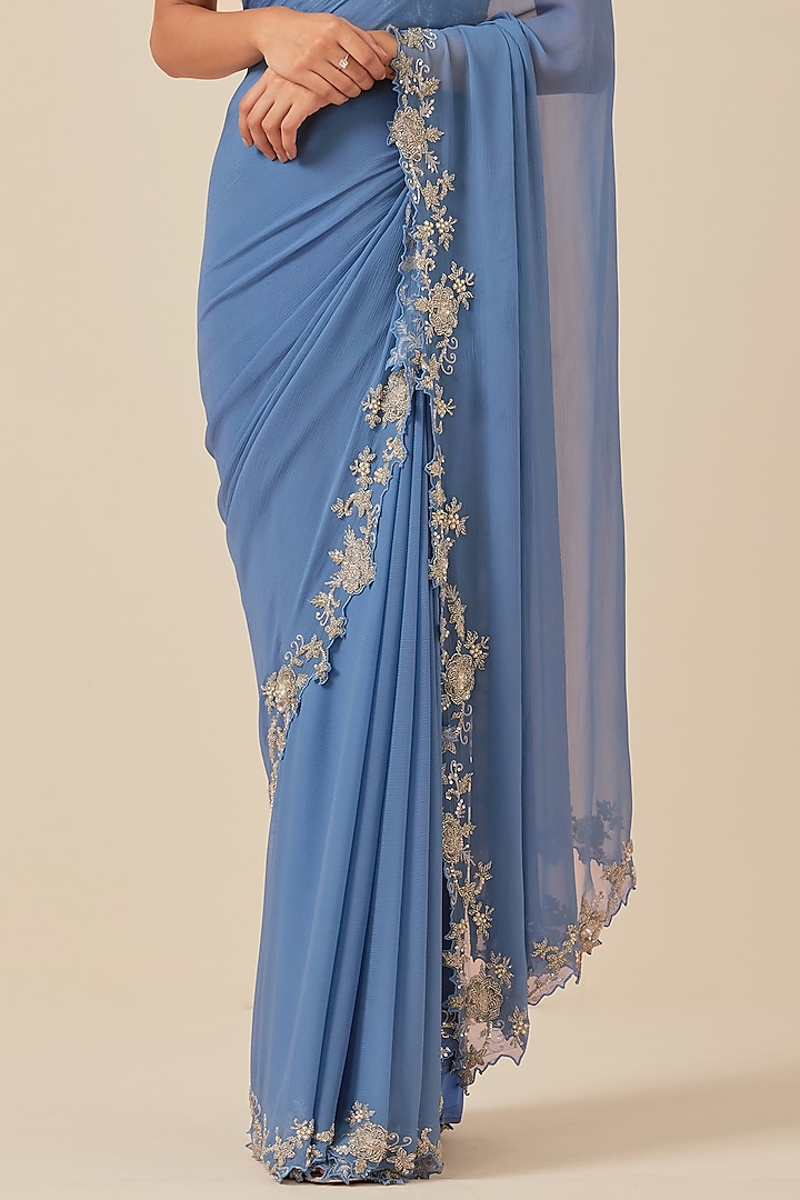 Blue Wrinkle Chiffon Wedding Saree Set by Ikshita Choudhary at Pernia's Pop Up Shop