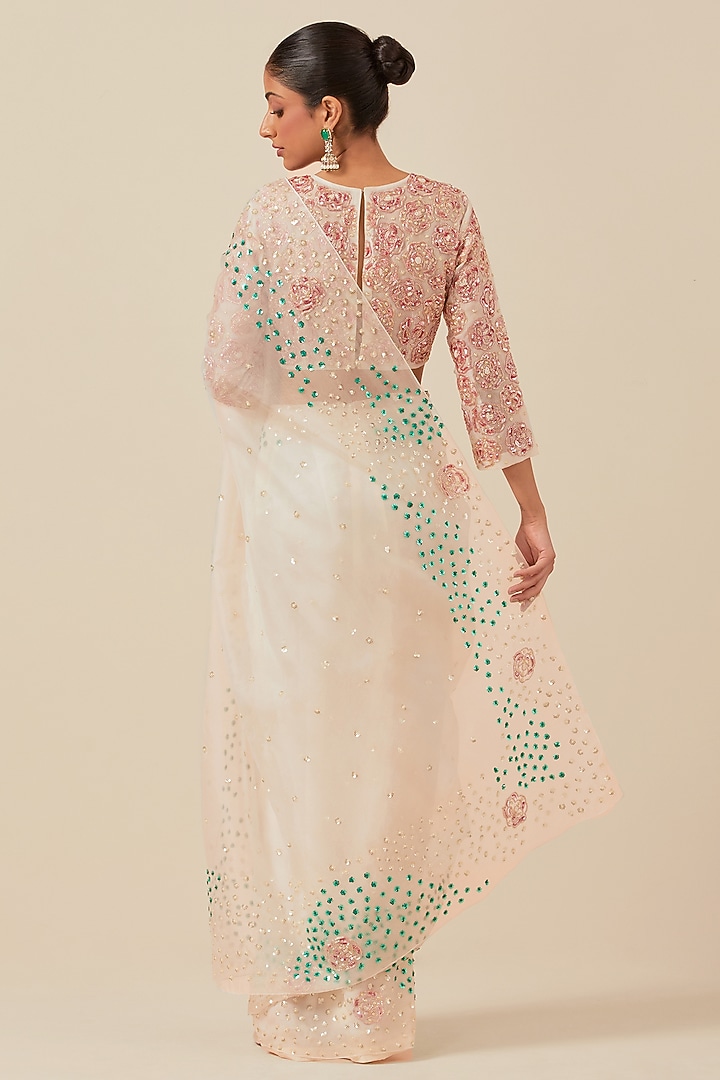 White Organza Sequins Embroidered Wedding Saree Set by Ikshita Choudhary at Pernia's Pop Up Shop
