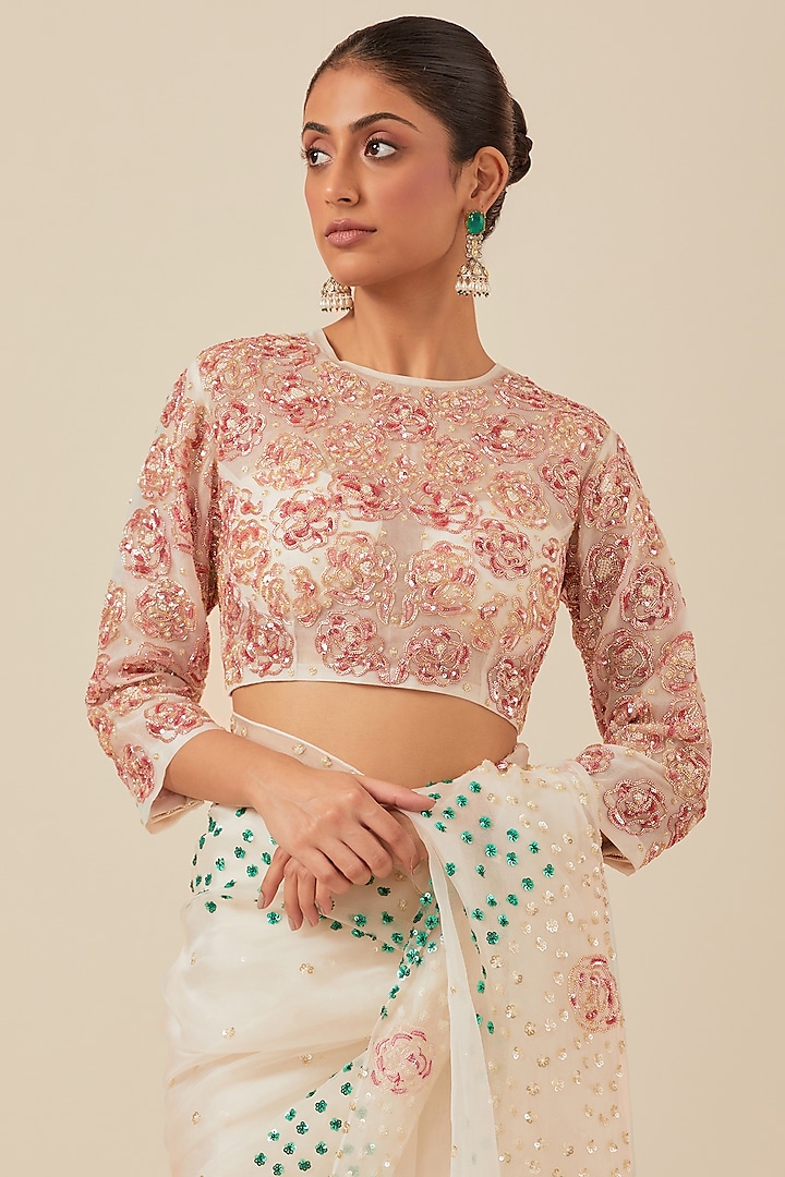 White Organza Sequins Embroidered Wedding Saree Set by Ikshita Choudhary at Pernia's Pop Up Shop