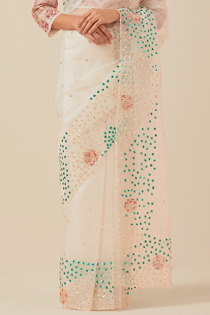 White Organza Sequins Embroidered Wedding Saree Set by Ikshita Choudhary at Pernia's Pop Up Shop