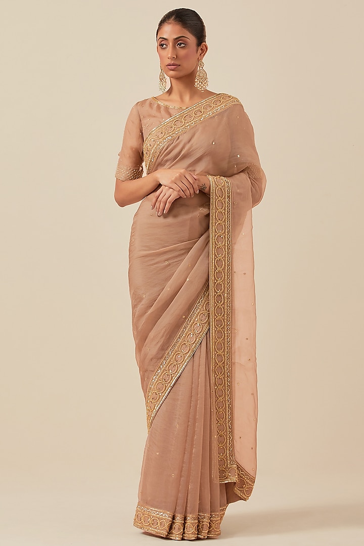 Nude Organza Hand Work Wedding Saree Set by Ikshita Choudhary at Pernia's Pop Up Shop