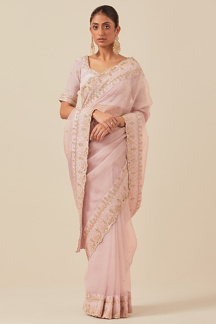 Pink Organza Saree Set by Ikshita Choudhary