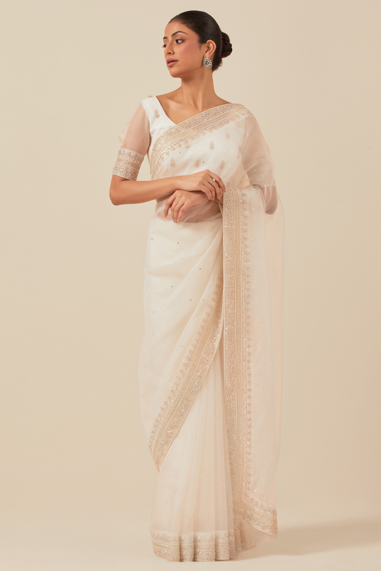 Buy Wazir C Off White Organza Saree With Kashmiri Tilla Embroidered Blouse  Online | Aza Fashions