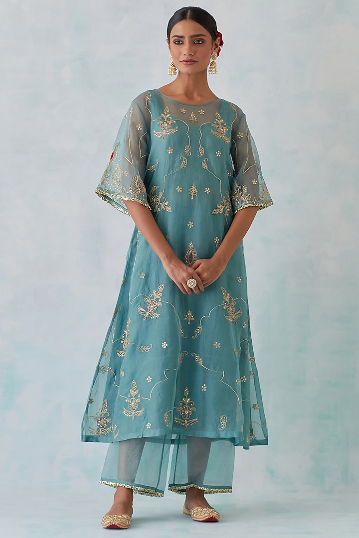 Blue Tissue Organza Embroidered Kurta Set by Ikshita Choudhary at Pernia's Pop Up Shop