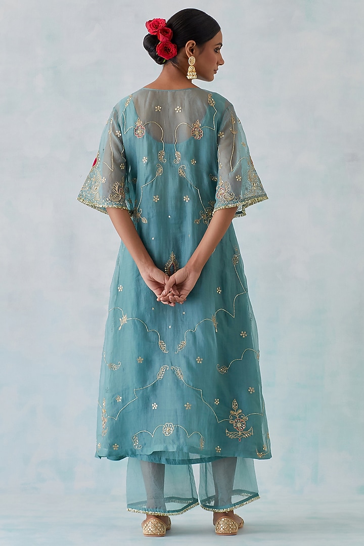 Blue Tissue Organza Embroidered Kurta Set by Ikshita Choudhary at Pernia's Pop Up Shop