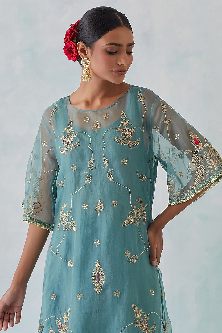 Blue Tissue Organza Embroidered Kurta Set by Ikshita Choudhary at Pernia's Pop Up Shop