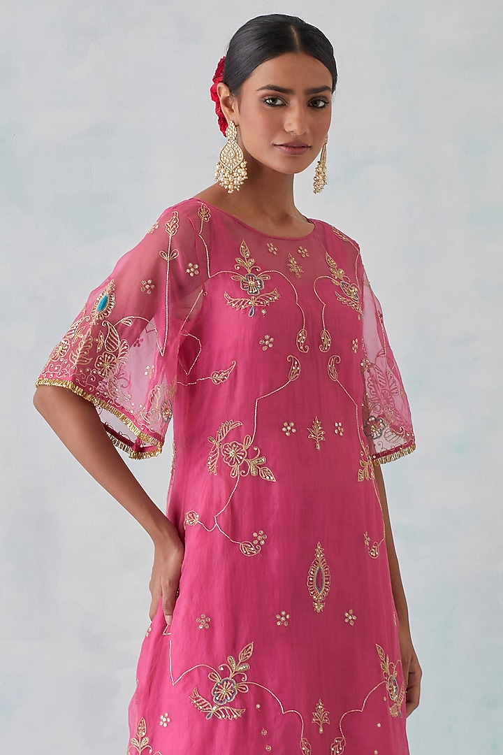 Pink Tissue Organza Embroidered Kurta Set by Ikshita Choudhary at Pernia's Pop Up Shop