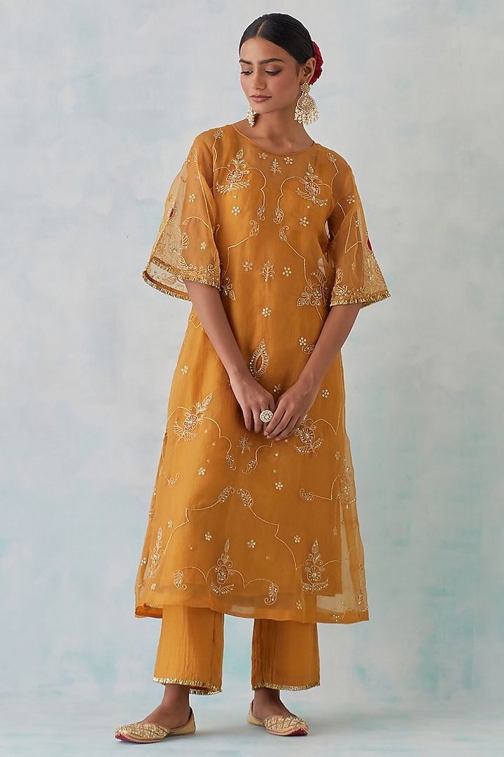 Mustard Tissue Organza Embroidered Kurta by Ikshita Choudhary at Pernia's Pop Up Shop