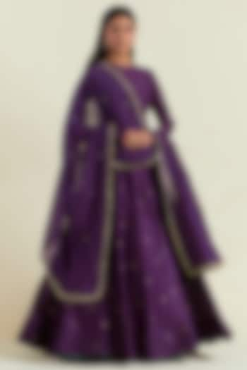 Purple Chanderi Hand Embroidered Anarkali Set by Ikshita Choudhary at Pernia's Pop Up Shop