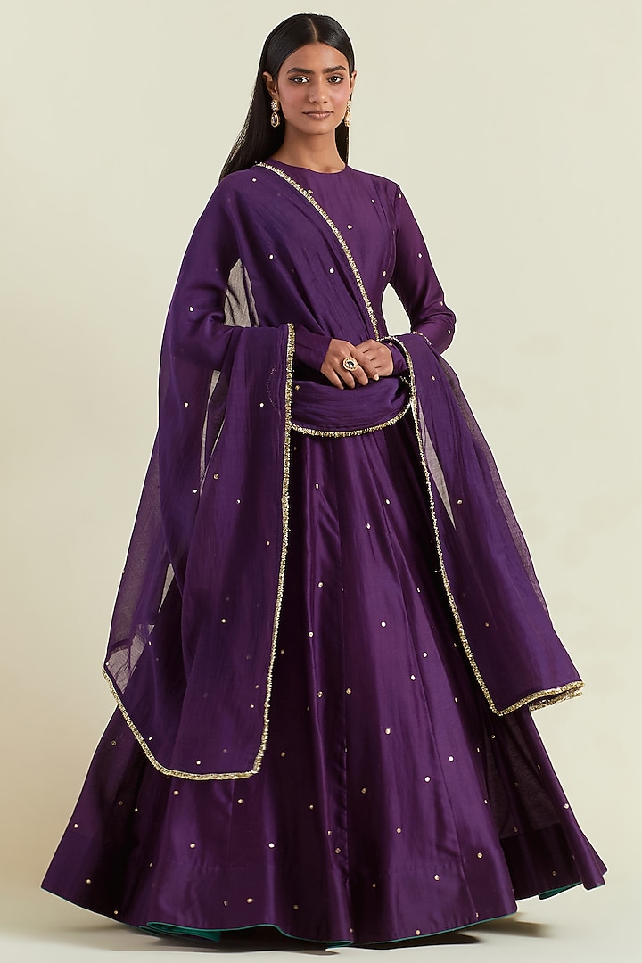 Purple Chanderi Hand Embroidered Anarkali Set by Ikshita Choudhary at Pernia's Pop Up Shop