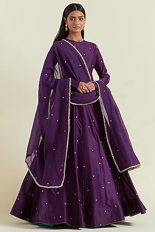 Purple Chanderi Hand Embroidered Anarkali Set by Ikshita Choudhary
