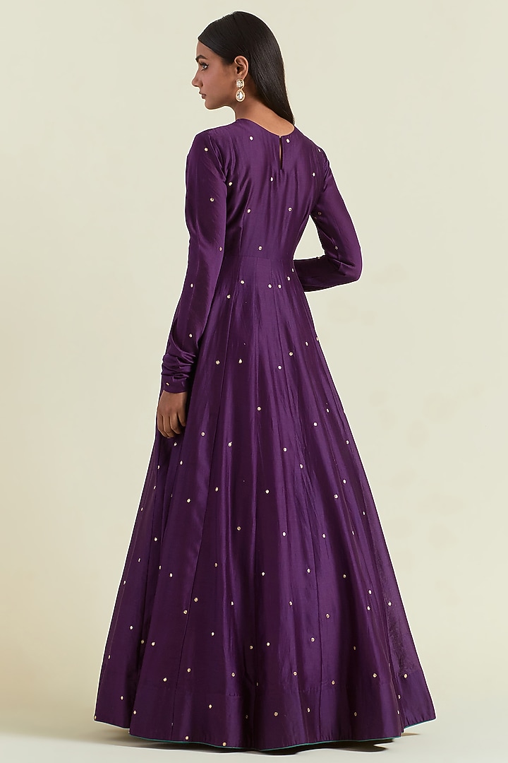 Purple Chanderi Hand Embroidered Wedding Anarkali Set by Ikshita Choudhary at Pernia's Pop Up Shop