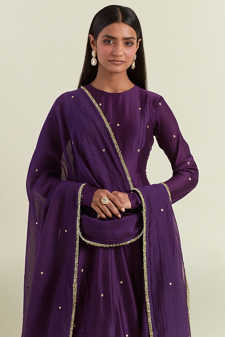 Purple Chanderi Hand Embroidered Wedding Anarkali Set by Ikshita Choudhary at Pernia's Pop Up Shop