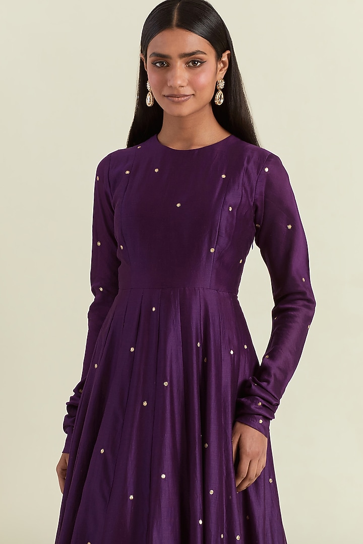 Purple Chanderi Hand Embroidered Wedding Anarkali Set by Ikshita Choudhary at Pernia's Pop Up Shop