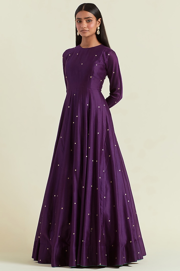 Purple Chanderi Hand Embroidered Wedding Anarkali Set by Ikshita Choudhary at Pernia's Pop Up Shop