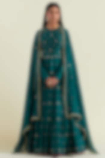 Green Chanderi Hand Embroidered Anarkali Set by Ikshita Choudhary at Pernia's Pop Up Shop