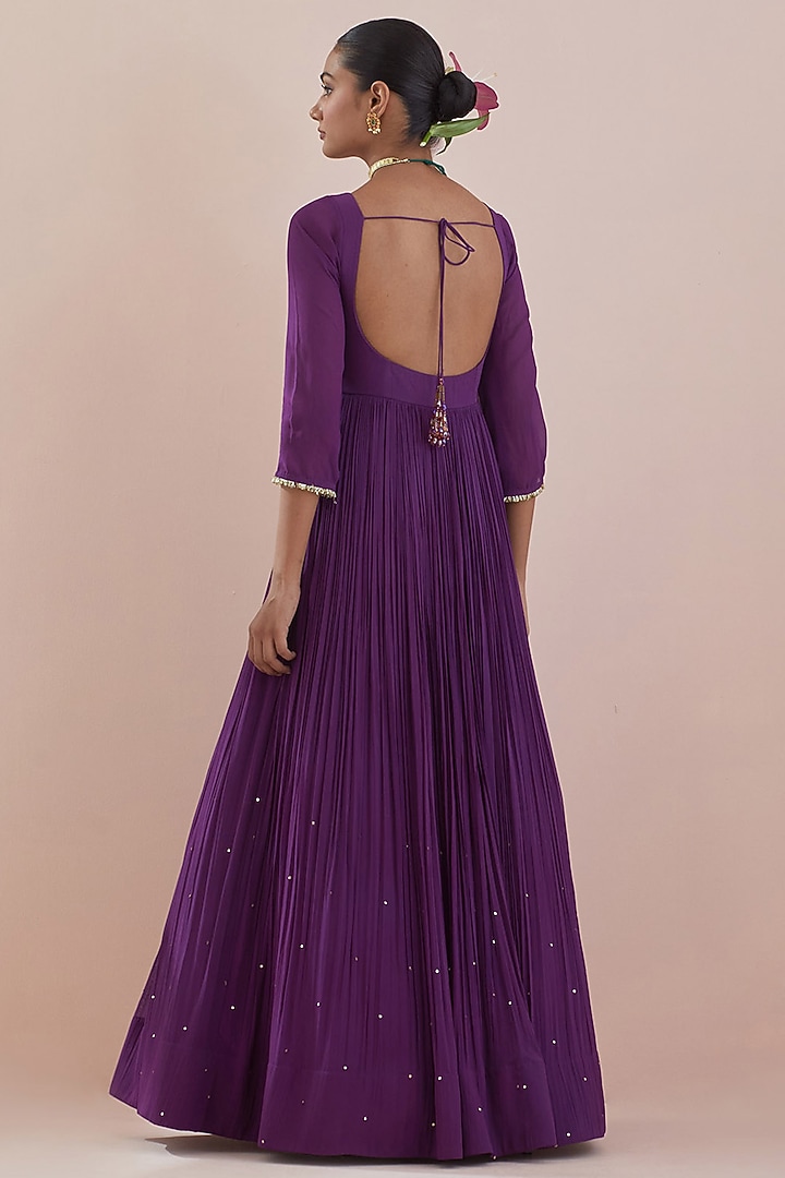 Plum Purple Georgette Hand Embroidered Wedding Anarkali Set by Ikshita Choudhary at Pernia's Pop Up Shop