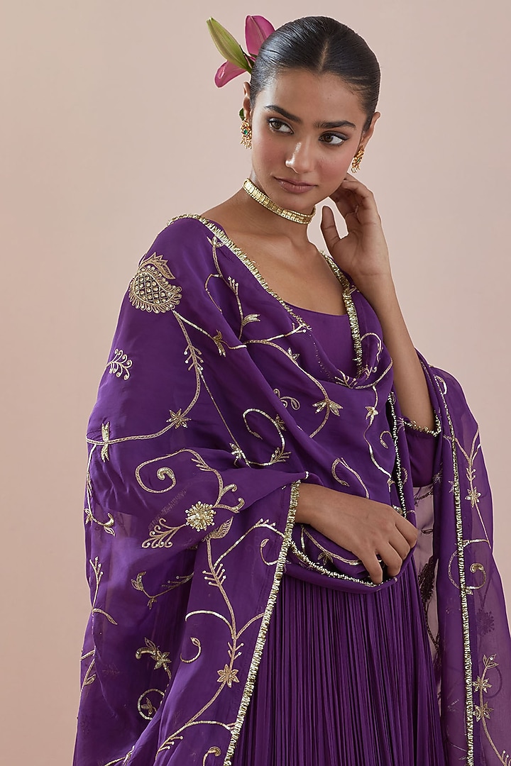 Plum Purple Georgette Hand Embroidered Wedding Anarkali Set by Ikshita Choudhary at Pernia's Pop Up Shop