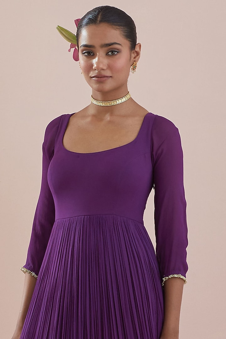 Plum Purple Georgette Hand Embroidered Wedding Anarkali Set by Ikshita Choudhary at Pernia's Pop Up Shop