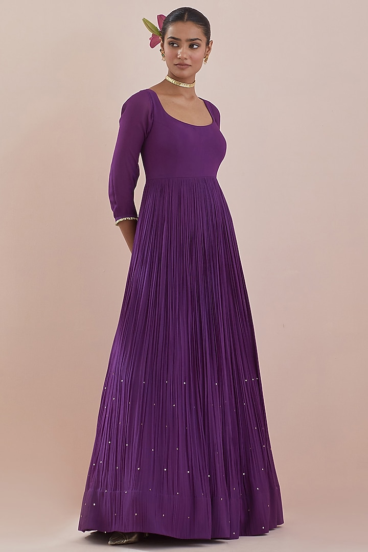 Plum Purple Georgette Hand Embroidered Wedding Anarkali Set by Ikshita Choudhary at Pernia's Pop Up Shop