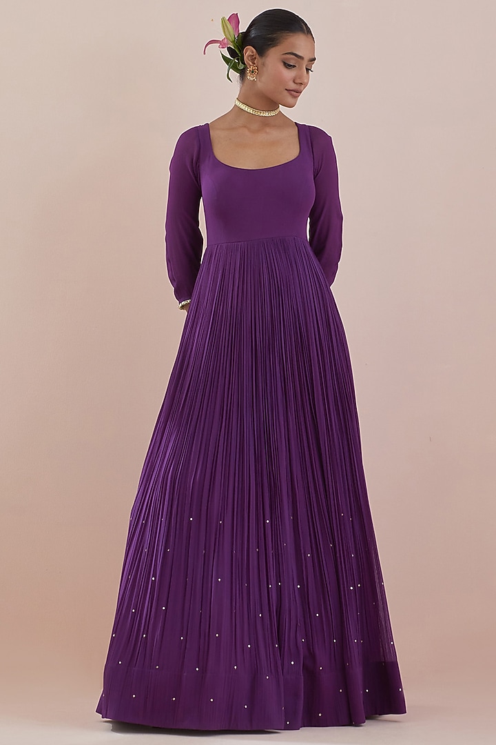 Plum Purple Georgette Hand Embroidered Wedding Anarkali Set by Ikshita Choudhary at Pernia's Pop Up Shop