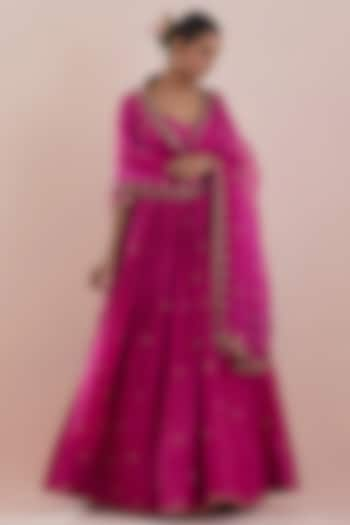 Magenta Chanderi Hand Embroidered Anarkali Set by Ikshita Choudhary at Pernia's Pop Up Shop