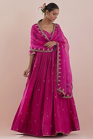 Magenta Chanderi Hand Embroidered Anarkali Set by Ikshita Choudhary
