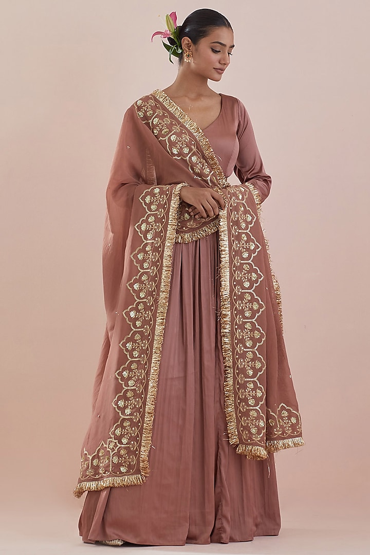 Cinnamon Brown Modal Satin Hand Embroidered Anarkali Set by Ikshita Choudhary at Pernia's Pop Up Shop