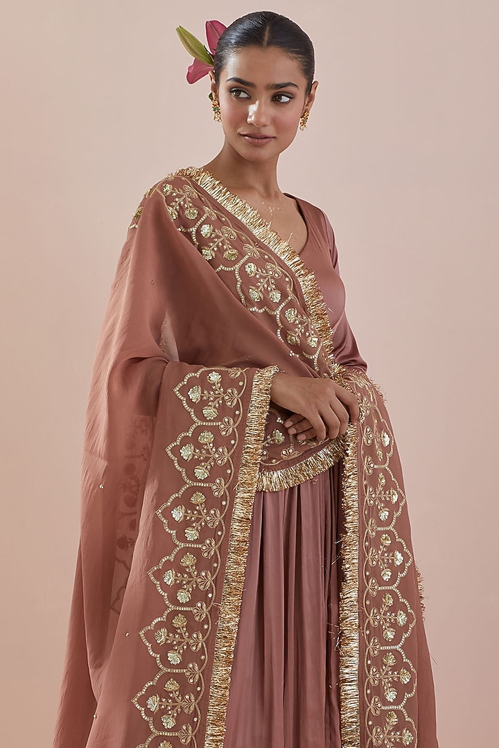 Cinnamon Brown Modal Satin Hand Embroidered Wedding Anarkali Set by Ikshita Choudhary at Pernia's Pop Up Shop