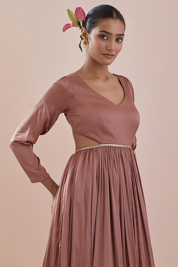 Cinnamon Brown Modal Satin Hand Embroidered Wedding Anarkali Set by Ikshita Choudhary at Pernia's Pop Up Shop