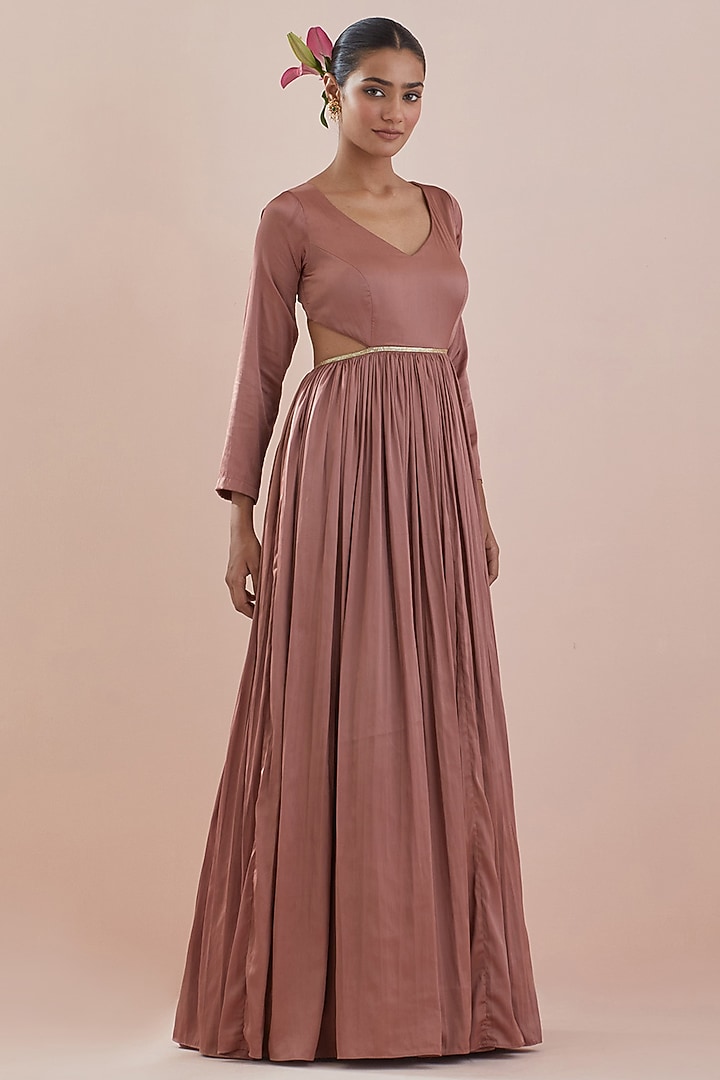 Cinnamon Brown Modal Satin Hand Embroidered Wedding Anarkali Set by Ikshita Choudhary at Pernia's Pop Up Shop