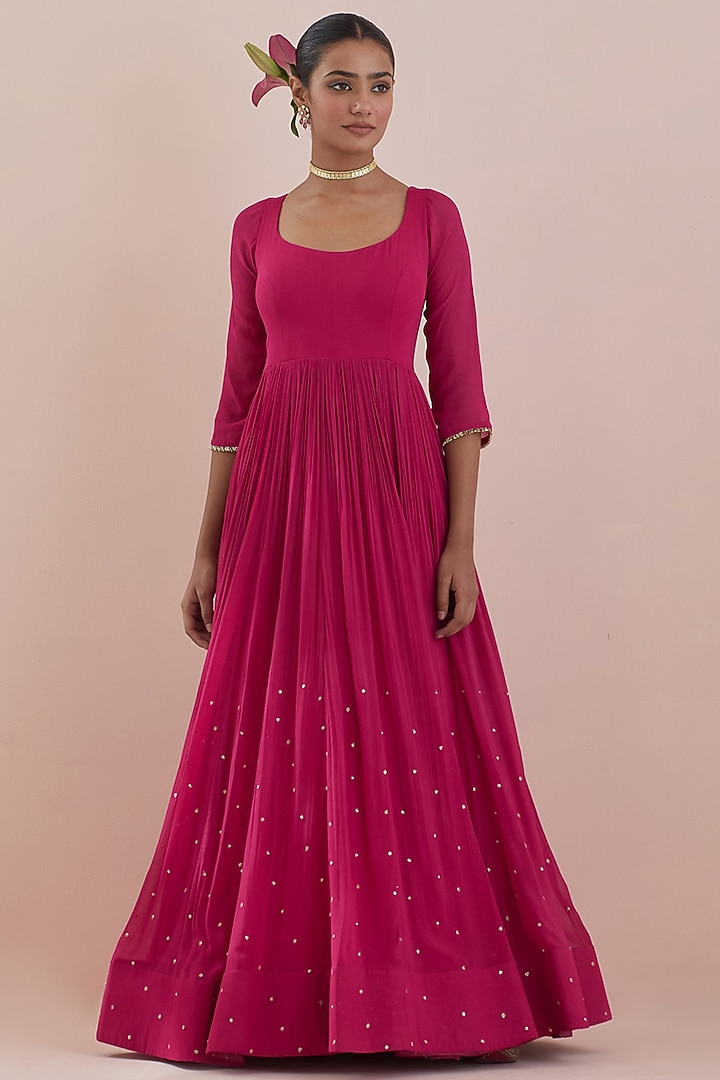 Pink Georgette Hand Embroidered Wedding Anarkali Set by Ikshita Choudhary at Pernia's Pop Up Shop