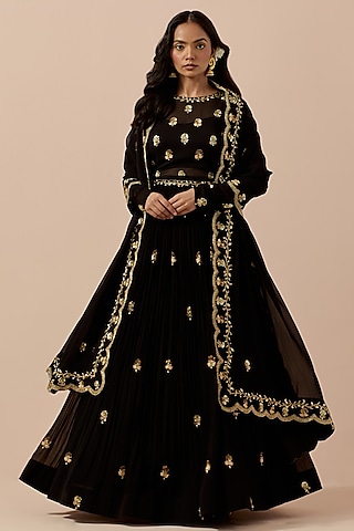 Black Georgette Hand Embroidered Anarkali Set by Ikshita Choudhary