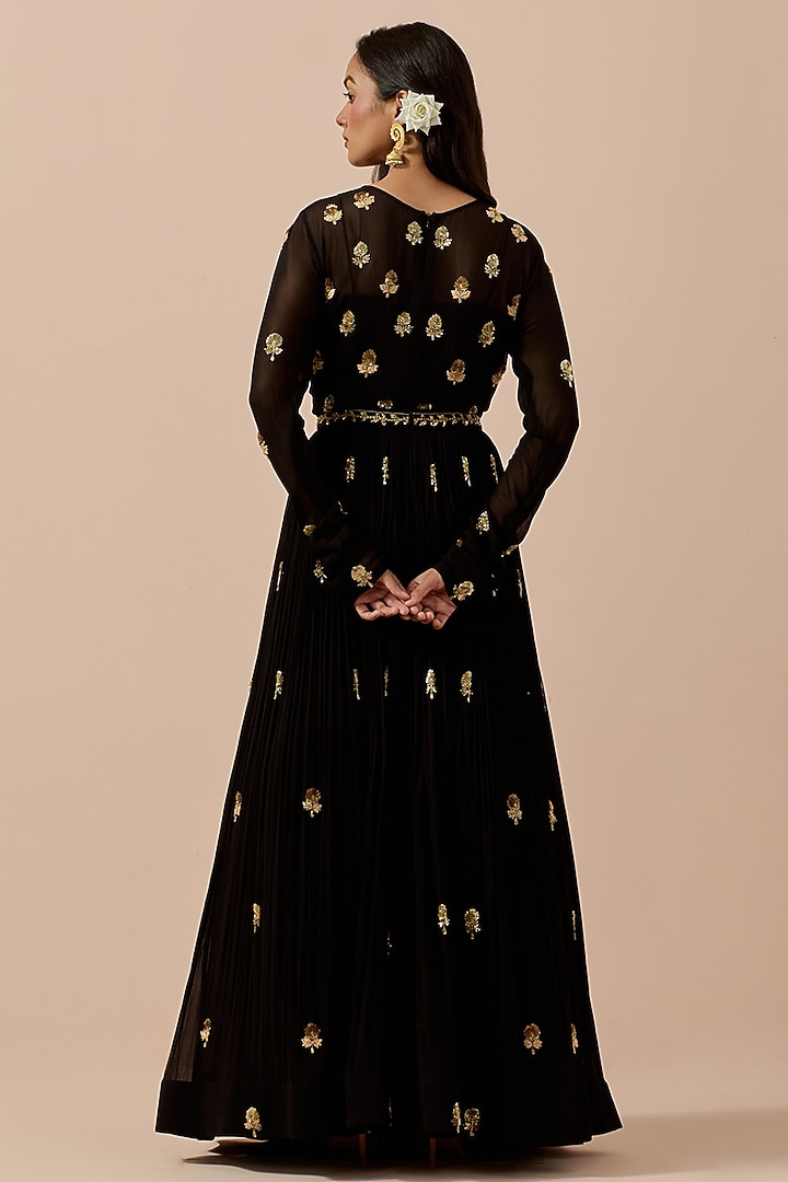 Black Georgette Hand Embroidered Wedding Anarkali Set by Ikshita Choudhary at Pernia's Pop Up Shop