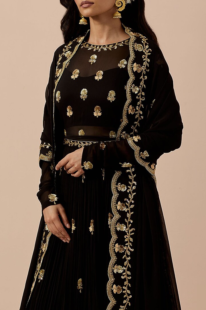Black Georgette Hand Embroidered Wedding Anarkali Set by Ikshita Choudhary at Pernia's Pop Up Shop