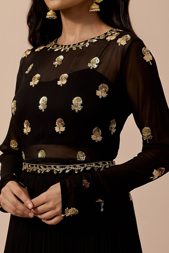 Black Georgette Hand Embroidered Wedding Anarkali Set by Ikshita Choudhary at Pernia's Pop Up Shop