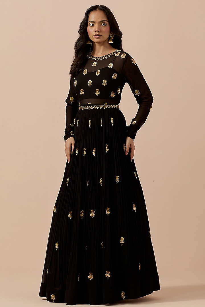 Black Georgette Hand Embroidered Wedding Anarkali Set by Ikshita Choudhary at Pernia's Pop Up Shop