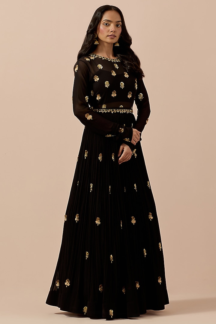 Black Georgette Hand Embroidered Wedding Anarkali Set by Ikshita Choudhary at Pernia's Pop Up Shop