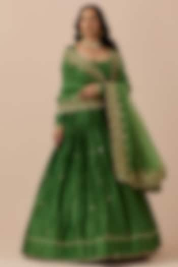 Forest Green Chanderi Hand Embroidered Anarkali Set by Ikshita Choudhary at Pernia's Pop Up Shop